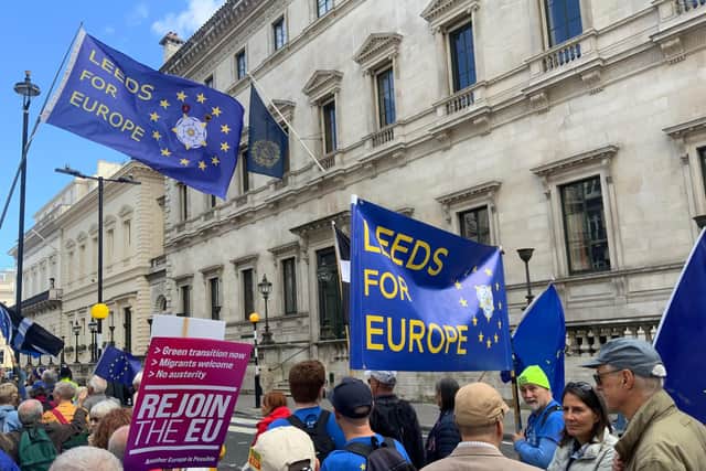 The May 11 walk is Leeds for Europe’s contribution to “National Rejoin Day” - local events called for by the organisers of a big, annual march in London. Leeds for Europe is pictured in London at the September 2024 demo.