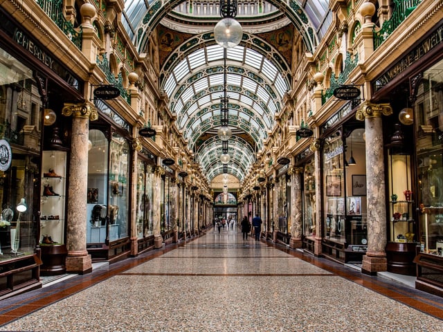 Now dubbed as "one half" of the Victoria Leeds area - which includes John Lewis - the traditional Victoria Quarter is a stunning shopping district offering upmarket high street brands. The Victoria Quarter shopping arcade was designed by Frank Matcham and features marbles, gilded mosaics, and polished mahogany.