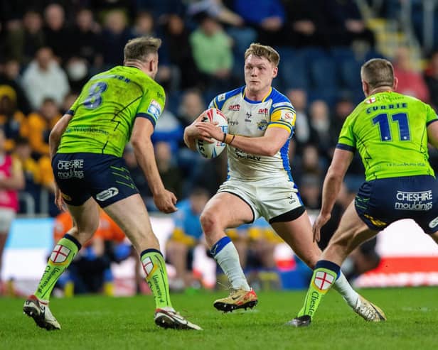 James McDonnell on the ball for Rhinos against Warrington. Picture by Bruce Rollinson.
