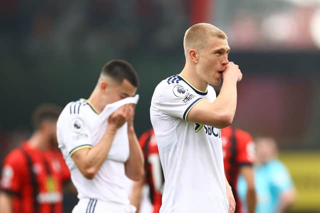 BOURNEMOUTH, ENGLAND - APRIL 30: Rasmus Kristensen of Leeds United looks dejected after the team's defeat in the Premier League match between AFC Bournemouth and Leeds United at Vitality Stadium on April 30, 2023 in Bournemouth, England. (Photo by Michael Steele/Getty Images)