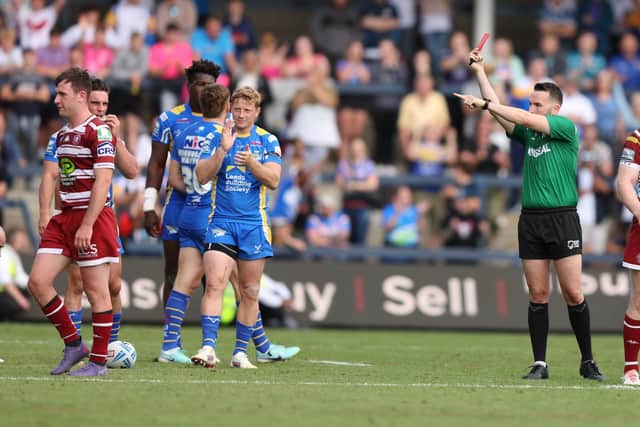Wigan Warriors' Harry Smith is sent-off by referee Liam Moore in last Saturday's defeat at Leeds Rhinos. Picture by John Clifton/SWpix.com.