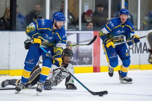 NO EASY GAMES: Leeds Knights' forward Adam Barnes (left) and team-mate Cole Shudra, in action against Milton Keynes Lightning last Friday. Leeds won 6-1. Picture: Bruce Rollinson