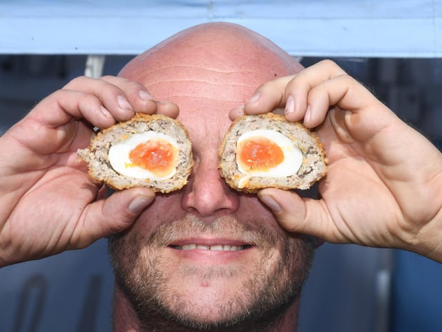 Harrogate Food and Drink Festival - Andrew Harvey, who runs Cassies Vintage Kitchen, demonstrates the art of handling scotch eggs! (Picture Gerard Binks)
