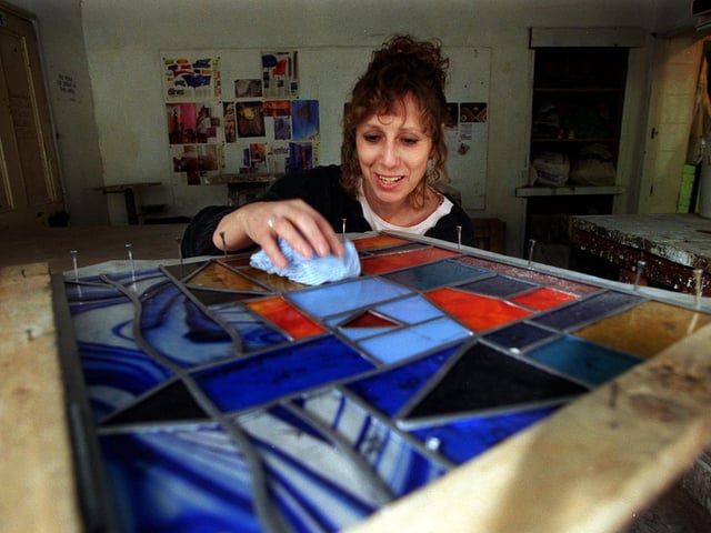 Angela Murray with some of the work made in the stained glass class at the Swarthmore Education Centre on Woodhouse Square.