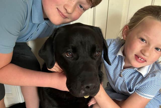 Isabelle Lauder and brother Oliver with support dog Buster when he was in training and living with the family