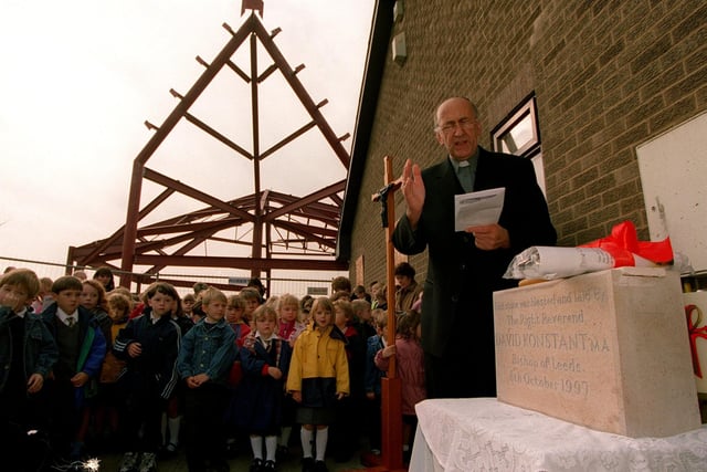 The Bishop of Leeds the Right Rev. David Konstant blesses the foundation stone the new St. Benerdicts Church in Garforth in October 1997.