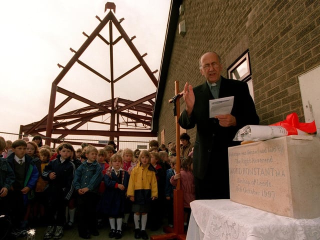 The Bishop of Leeds the Right Rev. David Konstant blesses the foundation stone the new St. Benerdicts Church in Garforth in October 1997.