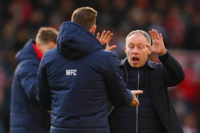 NOTTINGHAM, ENGLAND - FEBRUARY 05: Steve Cooper, Manager of Nottingham Forest, celebrates after the team's victory during the Premier League match between Nottingham Forest and Leeds United at City Ground on February 05, 2023 in Nottingham, England. (Photo by Clive Mason/Getty Images)