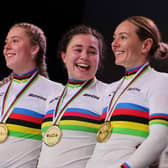 Katy Marchant of Leeds, right, Sophie Capewell and Emma Finucane of Great Britain receive the gold medal for winning the team sprint at the UCI Track World Championships (Picture: Alex Whitehead/SWPix.com)