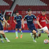 'REAL POTENTIAL': Seventeen-year-old Leeds United midfielder Charlie Crew, second right, pictured chasing Manchester United's Daniel Gore in August's Premier League 2 clash at Old Trafford. Photo by John Peters/Manchester United via Getty Images.