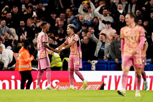POACHER'S INSTINCTS: Shown by 20-year-old Leeds United forward Mateo Joseph, centre, pictured celebrating with Jaidon Anthony after drawing the Whites level at Chelsea to send the away fans behind him wild in the Stamford Bridge stands. Photo by John Walton/PA Wire.