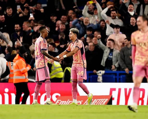 POACHER'S INSTINCTS: Shown by 20-year-old Leeds United forward Mateo Joseph, centre, pictured celebrating with Jaidon Anthony after drawing the Whites level at Chelsea to send the away fans behind him wild in the Stamford Bridge stands. Photo by John Walton/PA Wire.