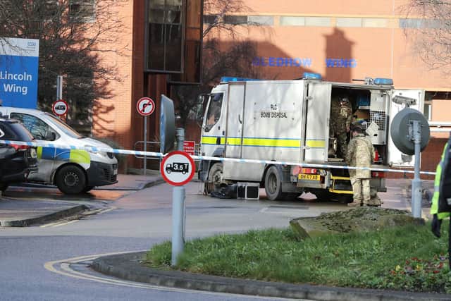 A bomb disposal unit at St James's University Hospital, in Leeds, where patients and staff were evacuated from some parts of the building on January 20 (Photo by Ben Lack/PA Wire)