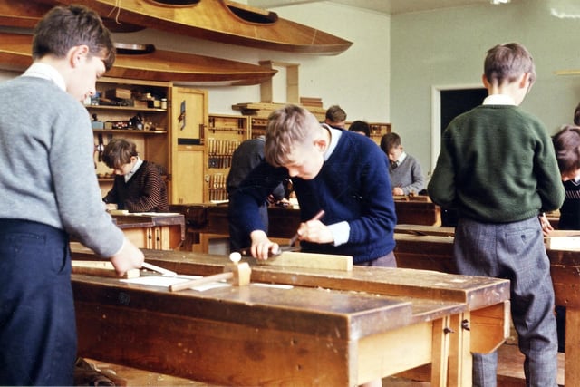 Pupils at work in the woodwork room in October 1966. They are members of form 1A.