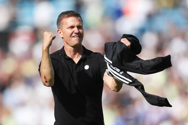 LEEDS, ENGLAND - AUGUST 21: Jesse Marsch, Manager of Leeds United, celebrates after the final whistle of the Premier League match between Leeds United and Chelsea FC at Elland Road on August 21, 2022 in Leeds, England. (Photo by Catherine Ivill/Getty Images)