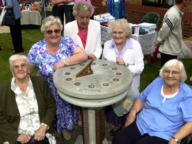 Ladies at the sun dial to mark the 10th anniversary of the Hawthorn Mill housing complex in Lower Wortley. Pictured, from left, are Lillian Wilson, Gwyneth Lawton, Doris Swan, Kathleen Downes and Majorie Messenger.