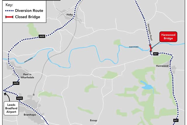 The diversion route follows from Otley Road, Arthington Lane, Main Street, Poole Bridge, Harrogate Road, Swindon Lane and onto Harrogate Road.