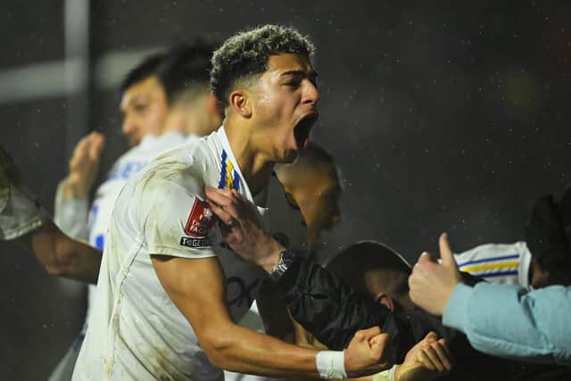 BIG CHANCE - Mateo Joseph of Leeds United celebrates the team's first goal scored by Wilfried Gnonto during the Emirates FA Cup Fourth Round Replay match against Plymouth Argyle. Pic: Harry Trump/Getty Images