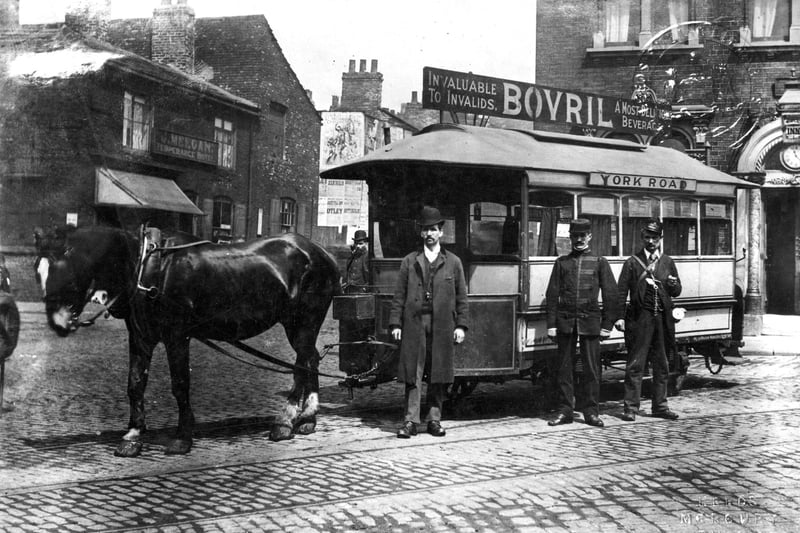 Old horse drawn tram No 1 as used on Corn Exchange 'Woodpecker' service. This photo was taken at the 'Woodpecker' junction of York Road and Quarry Hill. Note fork in the track layout at terminus. Tramcar operation in Leeds commenced on September 16, 1871. The first line was opened for traffic with horse trams between Boar Lane and the Oak Inn at Headingley.