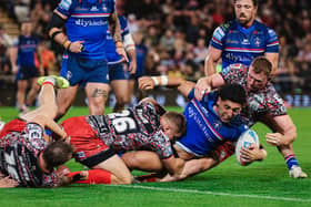 Emre Guler in regular-season action for Wakefield Trinity at Leigh Leopards. Picture by Alex Whitehead/SWpix.com.