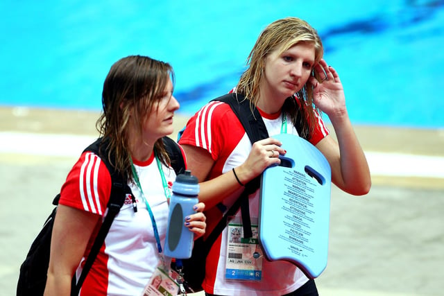 Rebecca Adlington looks on during a training session at the Dr. S.P. Mukherjee Aquatics Complex ahead of the Delhi 2010 Commonwealth Games. In the 800-metre freestyle, Adlington led from start to finish to win her first Commonwealth Games gold medal.