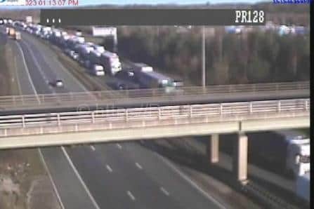 The A1(M) was closed following the collision between a double decker bus and large goods vehicle. Photo: Motorway Cameras
