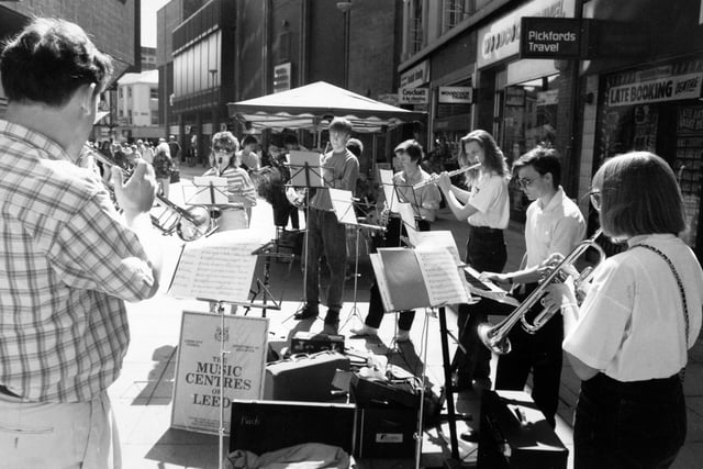 Leeds city centre was alive with the sound of music in May 1992 when dozens of musicians took to the streets for a "busking day". The musicians from various Leeds education department music centres entertained the crowds with a range of tunes from old favourites to jazz and classical. The music centres - at Horsforth, Guiseley, Scott Hall, west, south and east Leeds, Garforth, Kippax, Rothwell and Wetherby - provide music tuition.