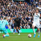 DENIED: Leeds United striker Patrick Bamford, right, by Arsenal 'keeper Aaron Ramsdale, left, on more than one occasion. Photo by LINDSEY PARNABY/AFP via Getty Images.