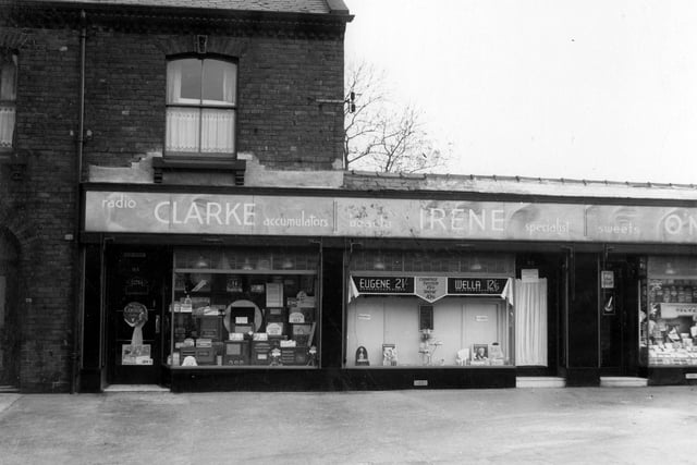 Businesses on Lady Pit Lane which are the premises of Irene and George Clarke. On the left is George Clarke , Electrical repairs with Irene Clarke, ladies hairdressers at 83. Pictured in January 1939.