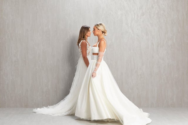 The wedding dresses are designed and manufactured solely on home turf in the United Kingdom. Pictured are models Hannah Wright and Victoria Goulbourne.