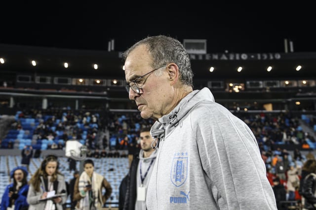 Marcelo Bielsa head coach of Uruguay looks on during an international friendly match between Uruguay and Nicaragua at Centenario Stadium on June 14, 2023 in Montevideo, Uruguay. (Photo by Ernesto Ryan/Getty Images)