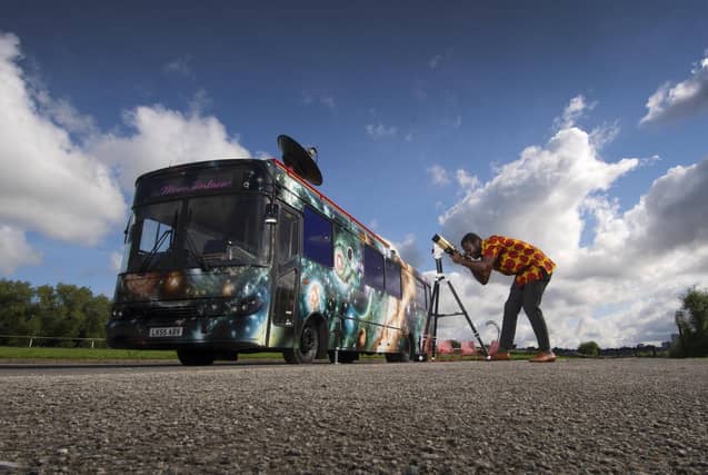 Moon Palace is a project commissioned for the Year of Culture. It is both a striking social sculpture and accessible mobile observatory, based on an original idea by East Leeds Project and inspired by the legacy of John Smeaton, and the observatory he had in East Leeds. The renovated bus is currently at Fearnville Playing Fields and will be touring other wards in Leeds. Pictured is Kingsley Ahenkora-Duodu, one of the Moon Palace hosts.