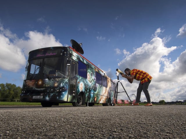 Moon Palace is a project commissioned for the Year of Culture. It is both a striking social sculpture and accessible mobile observatory, based on an original idea by East Leeds Project and inspired by the legacy of John Smeaton, and the observatory he had in East Leeds. The renovated bus is currently at Fearnville Playing Fields and will be touring other wards in Leeds. Pictured is Kingsley Ahenkora-Duodu, one of the Moon Palace hosts.