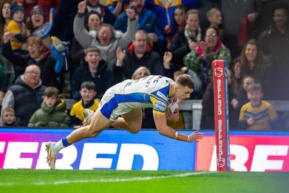 Leeds Rhinos winger Ash Handley, seen scoring against Salford last month, has backed the RFL's Respect campaign. Picture by Allan McKenzie/SWpix.com.