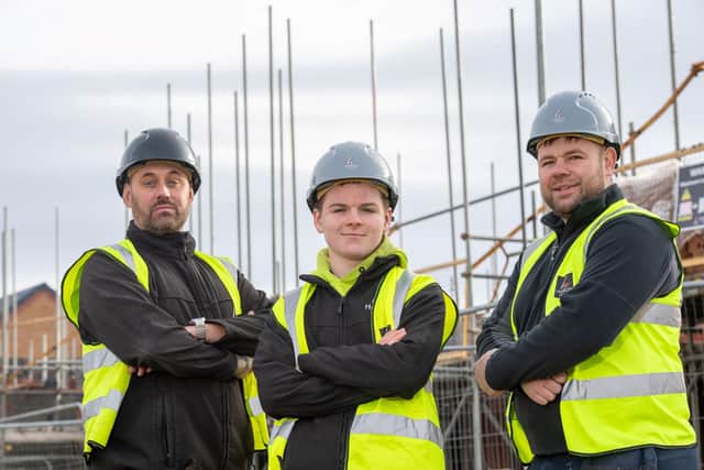 SGB-29588 (L-R) Harron Homes Site Manager Paul Wood, Apprentice Connor Simpson and Site Carpenter Daniel Simpson