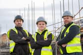 SGB-29588 (L-R) Harron Homes Site Manager Paul Wood, Apprentice Connor Simpson and Site Carpenter Daniel Simpson