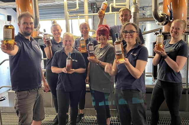 Whisky Director Joe and the Spirit of Yorkshire team with the award-winning whiskies, at the distillery in Hunmanby.  From left, Joe Clark, Amelia Teasdale, Chrissie Queen, Justyna Parsons, Sarah Jordan, John Morrison, Camilla Wroot and Libby Barmby