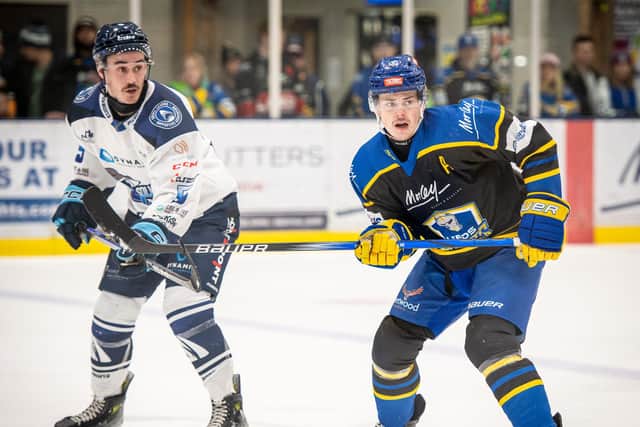 BACK FOR MORE: Defenceman Jordan Griffin (right) has been an ever-present for Leeds Knights this season and will be back for a fifth year in 2025-26. Picture: Ben Gordon/Knights Media.