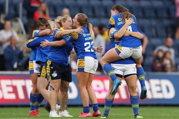 Kruise Leeming will be rooting for Rhinos, pictured celebrating their semi-final win, in Sunday's Women's Super League Grand Final. Picture by John Clifton/SWpix.com.