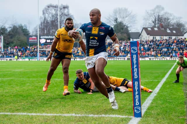 Maika Sivo scores his hat-trick try in Leeds Rhinos' 22-4 win against Castleford Tigers. Picture by Allan McKenzie/SWpix.com.