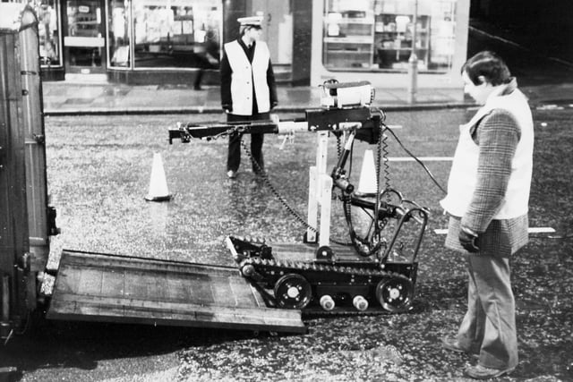Goliath, the Army's robot device for dealing with terrorist bombs is put back into it's trailer after a bomb scare on Vicar Lane in February 1977.