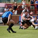 Myles Harrop scores for Hunslet in last week's win at Dewsbury Rams. Picture by Nathan Robinson/Apertunes/Hunslet RLFC.