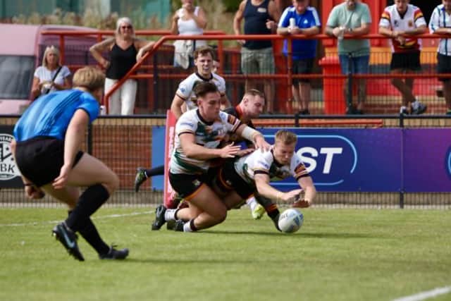 Myles Harrop scores for Hunslet in last week's win at Dewsbury Rams. Picture by Nathan Robinson/Apertunes/Hunslet RLFC.