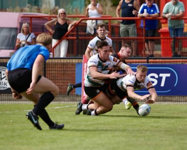 Myles Harrop scores for Hunslet in last week's win at Dewsbury Rams. Picture by Nathan Robinson/Apertunes/Hunslet RLFC.