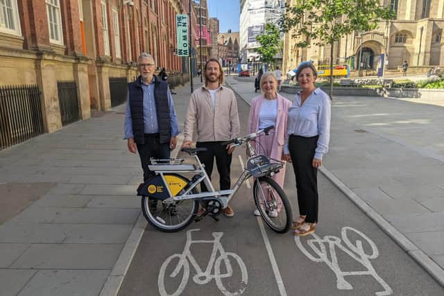 From left to right: David Miller from the Leeds Cycling Campaign, Phil Ellis, co-founder of Beryl Bikes, West Yorkshire mayor Tracy Brabin and Leeds City Council\'s executive member for infrastructure, Helen Hayden.