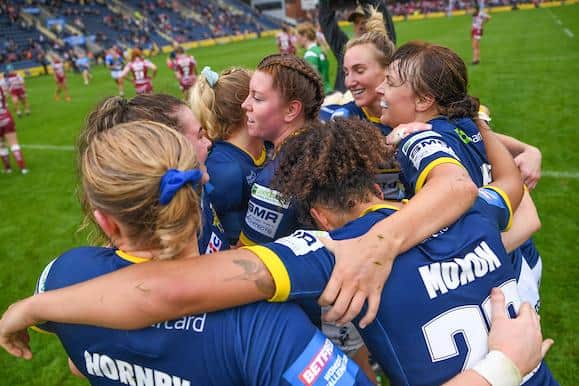 Rhinos celebrate their victory over Wigan in last Sunday's Betfred Women's Challenge Cup semi-final. Picture by Olly Hassell/SWpix.com.