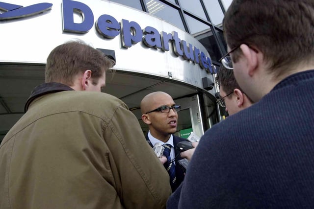 Leeds United player Olivier Dacourt talks to the press at Leeds Bradford Airport before departing to Belgium to face Anderlecht in the Champions League.
