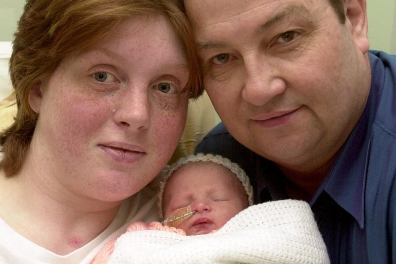 Mum Dianne McHugh and dad David Brightwell pictured with their daughter Edith born at 1.03am on New Year's Day at St James's Hospital in January 2003.

weighting 5lbs 11oz.