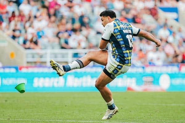 Rhyse Martin lands a conversion in Rhinos' Magic Weekend loss to Tigers. Picture by Alex Whitehead/SWpix.com.