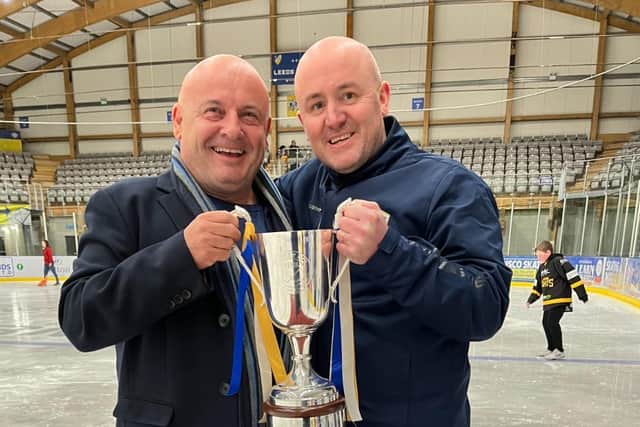 PLANNING AHEAD: Leeds Knights' owner Steve Nell (left) and Ryan Aldridge celebrate their NIHL National league title success in 2022-23. Picture: Knights Media.